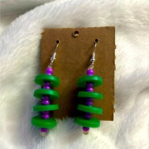 Purple and Green Medicine Cap Earrings Handmade Sterling Silver Hooks Mardi Gras